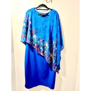 Hanna Nikole Royal Blue Paisley Chiffon Cape Overlay Sheath Dress Plus Size 18W